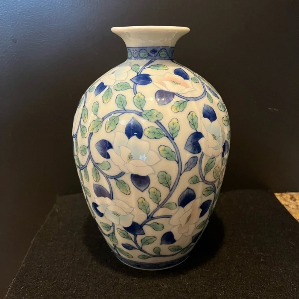 Vintage Maebata Japan Lotus Floral Andrea by Sadek Blue and White Vase